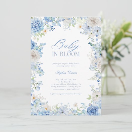Baby in Bloom Blue Floral Waterverf Baby shower Kaart (Staand voorkant)