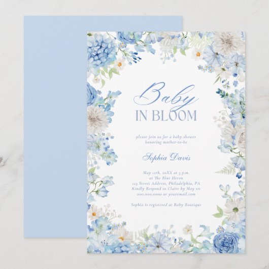 Baby in Bloom Blue Floral Waterverf Baby shower Kaart (Voorkant / Achterkant)