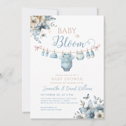 Baby in Bloom Blue Flower Butterfly Baby shower Kaart (Voorkant)