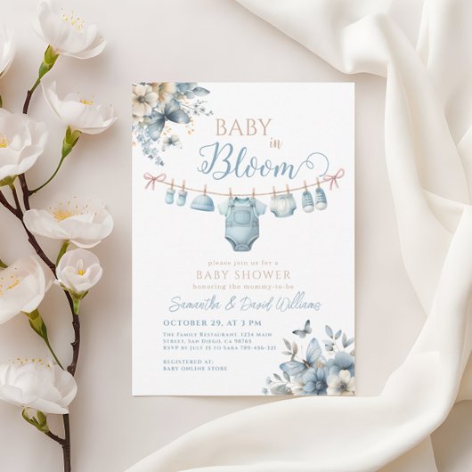 Baby in Bloom Blue Flower Butterfly Baby shower Kaart