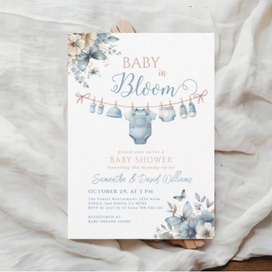 Baby in Bloom Blue Flower Butterfly Baby shower Kaart