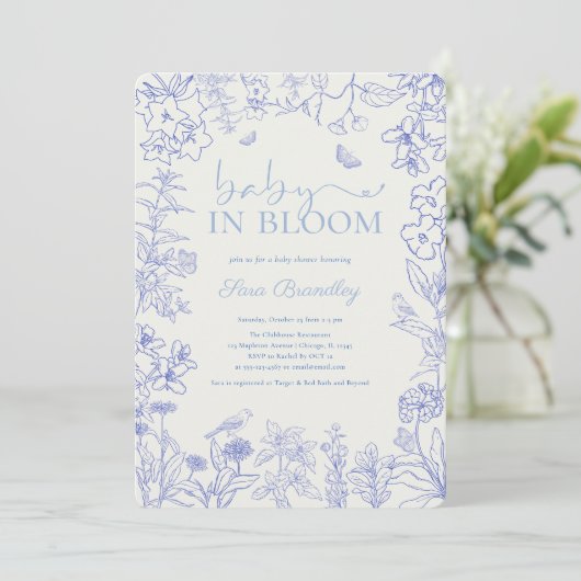 Baby in Bloom Blue Garden Chinoiserie Baby shower Kaart (Staand voorkant)
