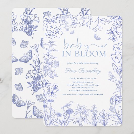 Baby in Bloom Blue Garden Chinoiserie Baby shower Kaart (Voorkant / Achterkant)