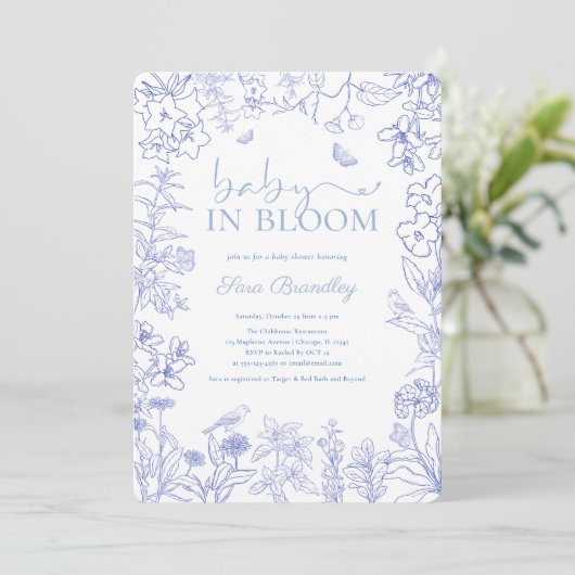 Baby in Bloom Blue Garden Chinoiserie Baby shower Kaart (Staand voorkant)