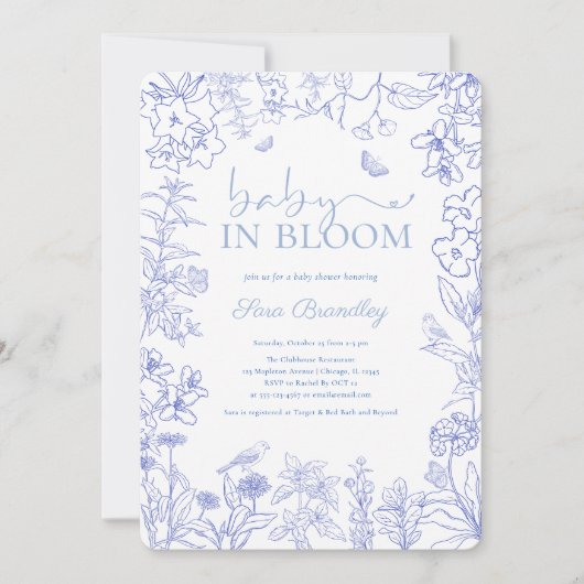 Baby in Bloom Blue Garden Chinoiserie Baby shower Kaart (Voorkant)