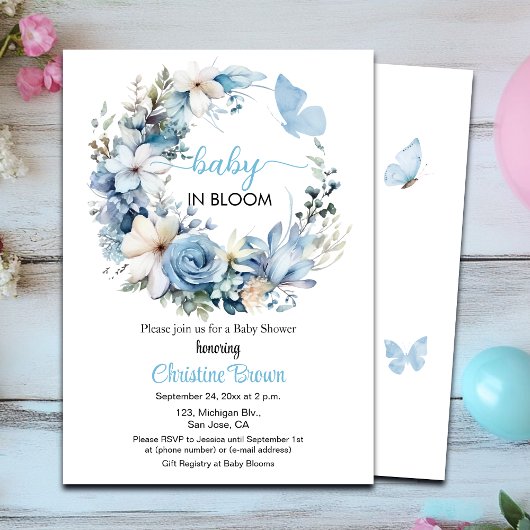 Baby in Bloom Blue Garland Baby shower uitnodiging