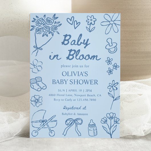 Baby in Bloom Blue Hand Drawn Boy Baby Shower Kaart