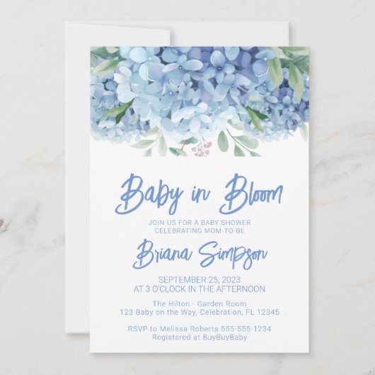 Baby in Bloom Blue Hydrangeas Baby shower Kaart (Voorkant)