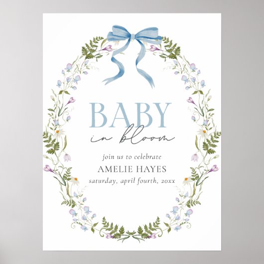 Baby in Bloom Blue Spring Floral Bow Baby shower Poster (Voorkant)