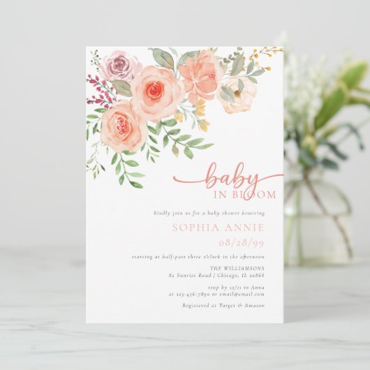 Baby in Bloom | Blush & Blauwgroen veer Floral Sho Kaart (Staand voorkant)