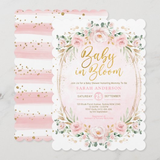 Baby in Bloom Blush Gold Pink Floral Girl Shower Kaart (Voorkant / Achterkant)
