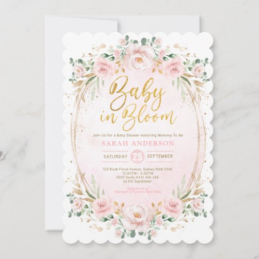 Baby in Bloom Blush Gold Pink Floral Girl Shower Kaart (Voorkant)
