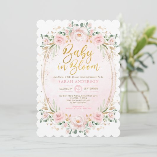 Baby in Bloom Blush Gold Pink Floral Girl Shower Kaart (Staand voorkant)