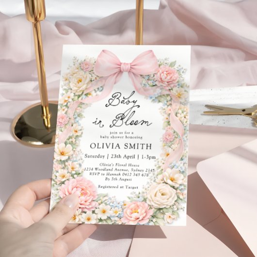 Baby in Bloom Blush Pink Bow Baby Shower Kaart