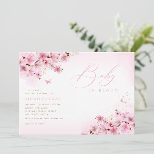 Baby in Bloom Blush Pink Floral Girl Baby shower Kaart (Staand voorkant)