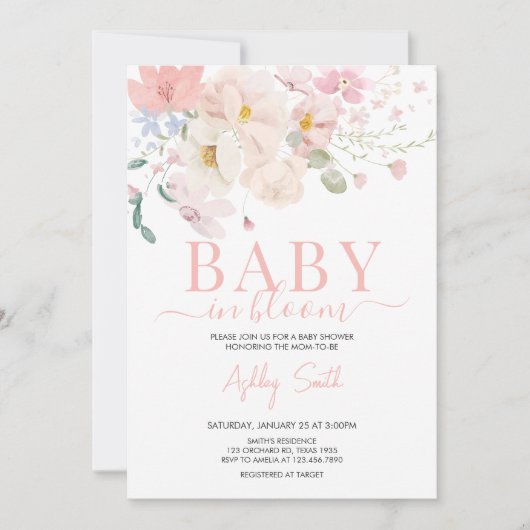 Baby in Bloom Blush Roze Bloemen Baby shower Kaart (Voorkant)
