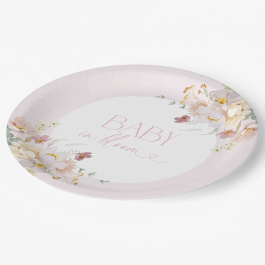 Baby in Bloom Blush Roze Bloemen Baby shower Papieren Bordje (Gekanteld)