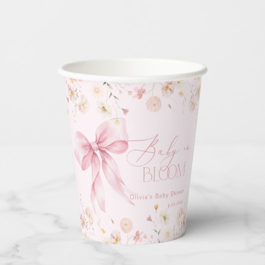 Baby in Bloom Blush roze Bow Floral Spring Papieren Bekers (Achterkant)