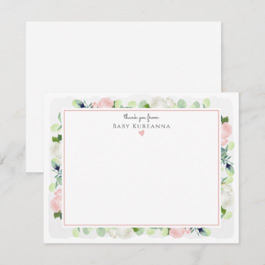 Baby in Bloom Blush Roze Rose Baby Meisje Statione Bedankkaart (Voorkant / Achterkant)