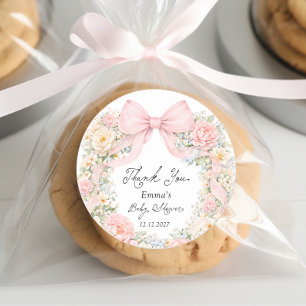 Baby in Bloom Blush Roze Strikje Bedankt Ronde Sticker