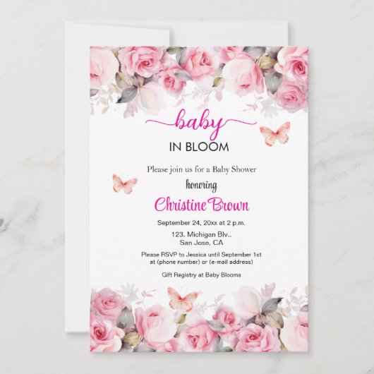 Baby in Bloom Blush Rozen Baby shower Uitnodiging (Voorkant)