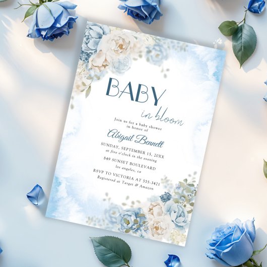 Baby in Bloom Boheems Blauw Roos Baby shower Kaart