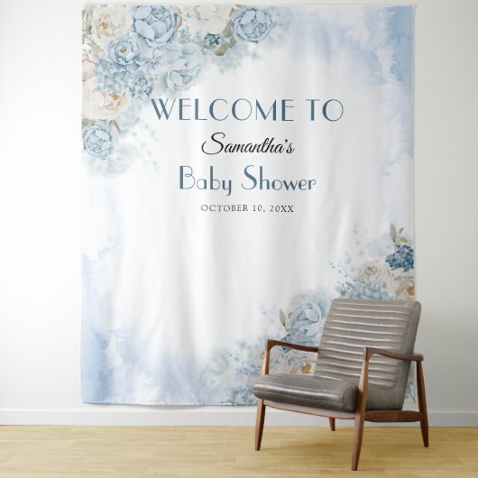 Baby in Bloom Boheems Blauw Roos Baby shower Wandkleed (In situ)