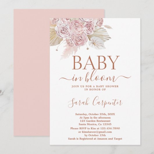 Baby in Bloom Boho Baby shower Girl Invitation Kaart (Voorkant / Achterkant)