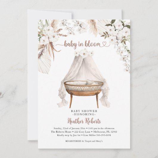 Baby in Bloom Boho Baby shower Nodig Pampas Flora  Kaart (Voorkant)