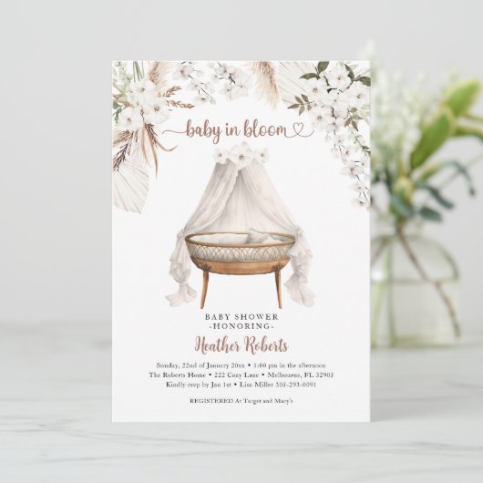 Baby in Bloom Boho Baby shower Nodig Pampas Flora  Kaart (Staand voorkant)