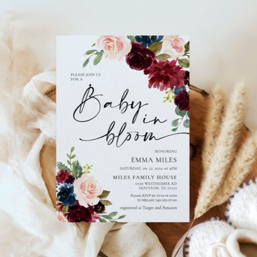 Baby in Bloom Boho Bourgondië Blush Baby shower Kaart