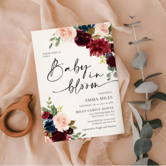 Baby in Bloom Boho Bourgondië Blush Baby shower Kaart