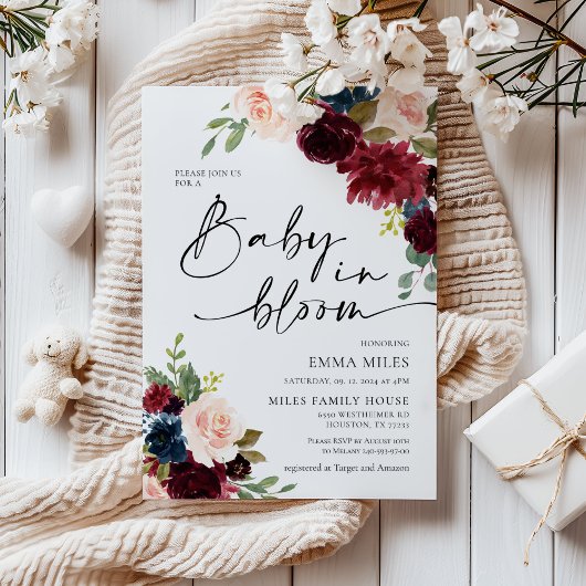 Baby in Bloom Boho Bourgondië Blush Baby shower Kaart