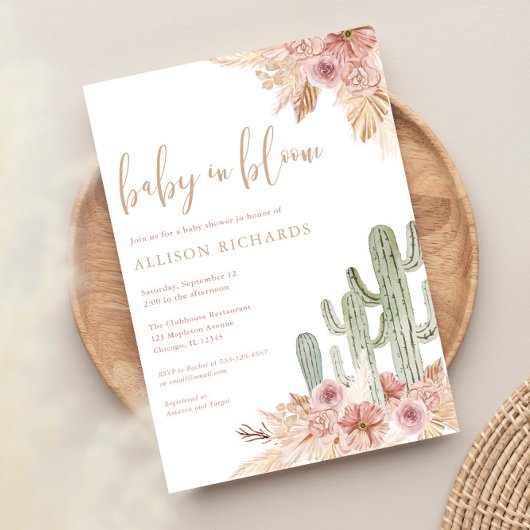 Baby in Bloom boho cactus pampas gras baby shower Kaart