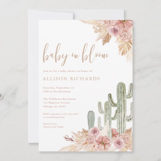 Baby in Bloom boho cactus pampas gras baby shower Kaart (Voorkant)