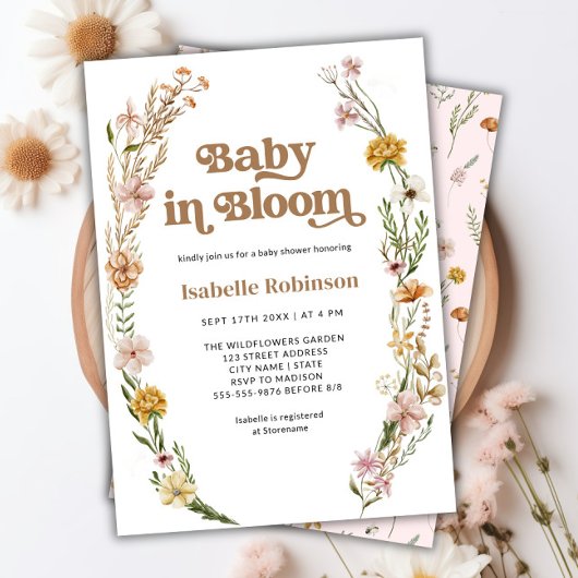 Baby in Bloom Boho Chic Bloemenroze Baby shower Kaart