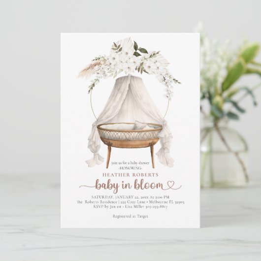 Baby in Bloom Boho Neutraal Baby shower Uitnodigin Kaart (Staand voorkant)