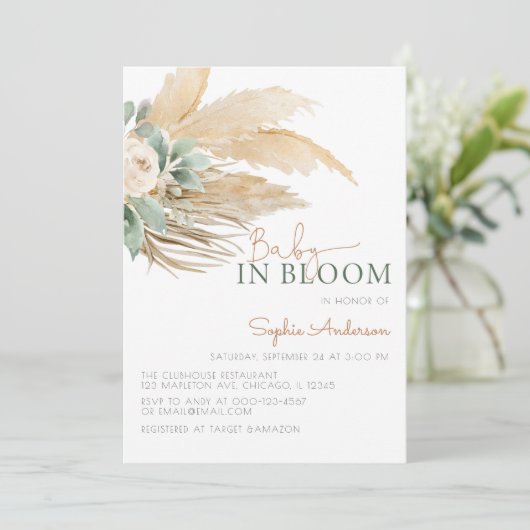 Baby in bloom boho pampas baby shower invita kaart (Staand voorkant)
