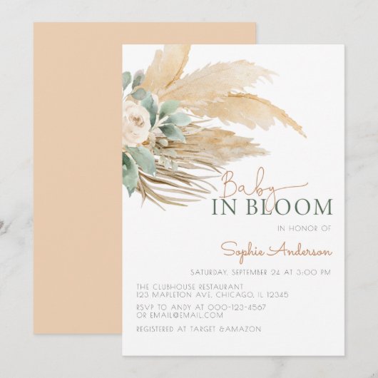 Baby in bloom boho pampas baby shower invita kaart (Voorkant / Achterkant)