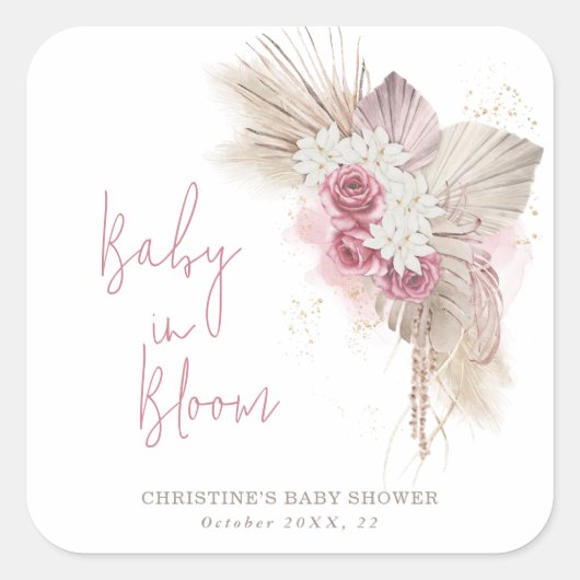 Baby in Bloom Boho Rozen Baby shower Vierkante Sticker (Voorkant)