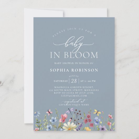 Baby in Bloom Boho Wildflower Blauw Baby shower Kaart (Voorkant)