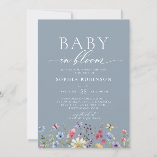 Baby in Bloom Boho Wildflower Blauw Baby shower Kaart (Voorkant)