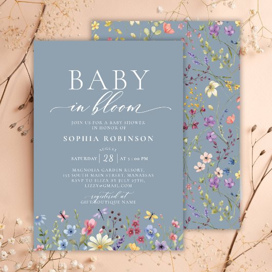 Baby in Bloom Boho Wildflower Blauw Baby shower Kaart