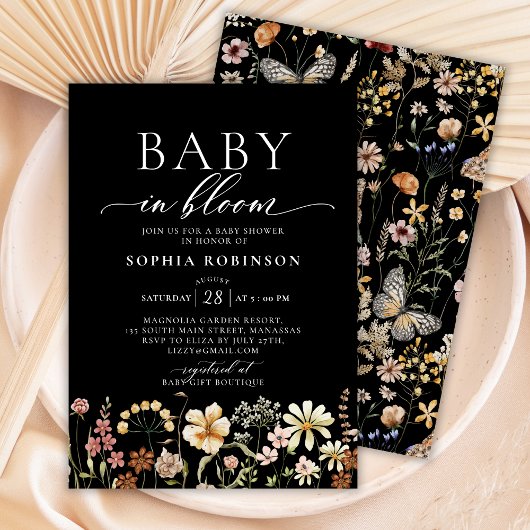 Baby in Bloom Boho Wildflower Zwart Baby shower Kaart