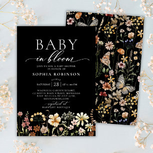 Baby in Bloom Boho Wildflower Zwart Baby shower Kaart