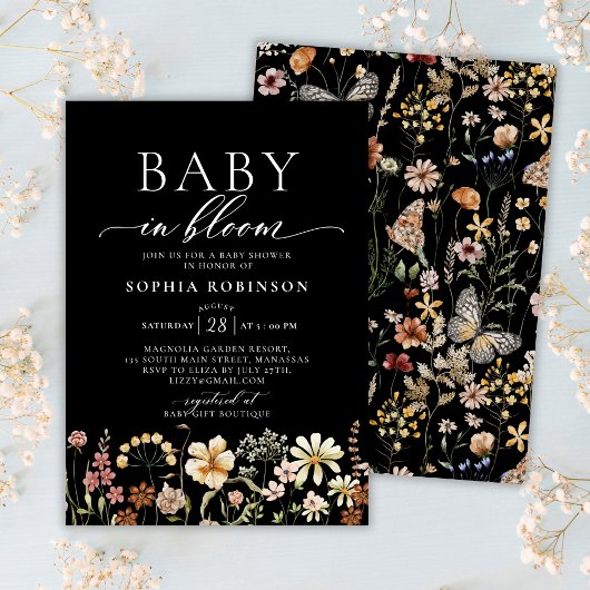 Baby in Bloom Boho Wildflower Zwart Baby shower Kaart