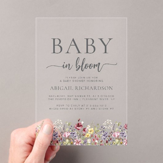 Baby in Bloom Boho Wildflowers Baby shower Acryl Uitnodigingen (Insitu (Draagbaar))