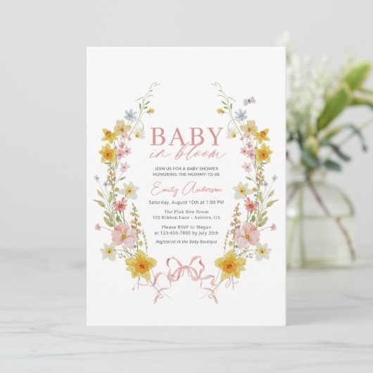 Baby in Bloom Bow Roze Bloemen Wildflower Douche Kaart (Staand voorkant)