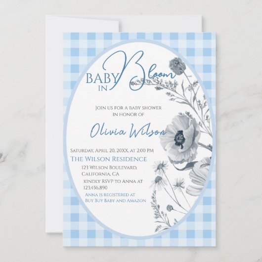 Baby in Bloom Boy Gingham Floral Baby shower Blauw Kaart (Voorkant)