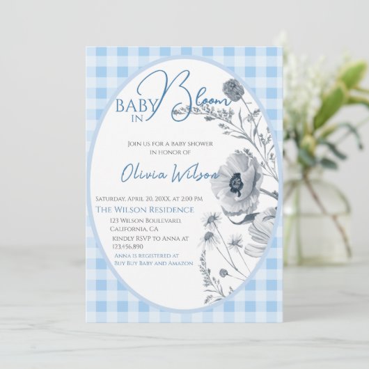 Baby in Bloom Boy Gingham Floral Baby shower Blauw Kaart (Staand voorkant)